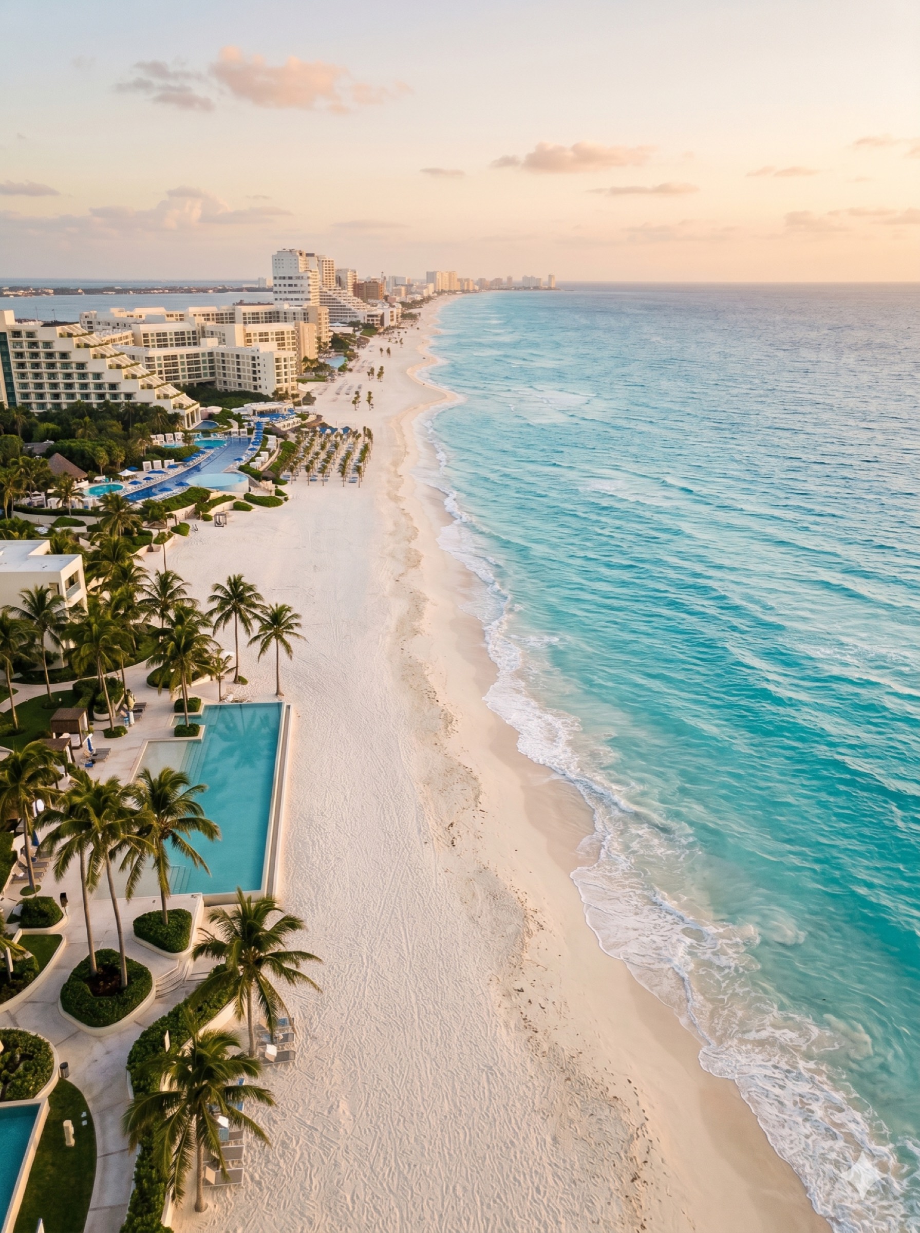 Cancún — aerial view of the hotel zone shoreline at sunset
