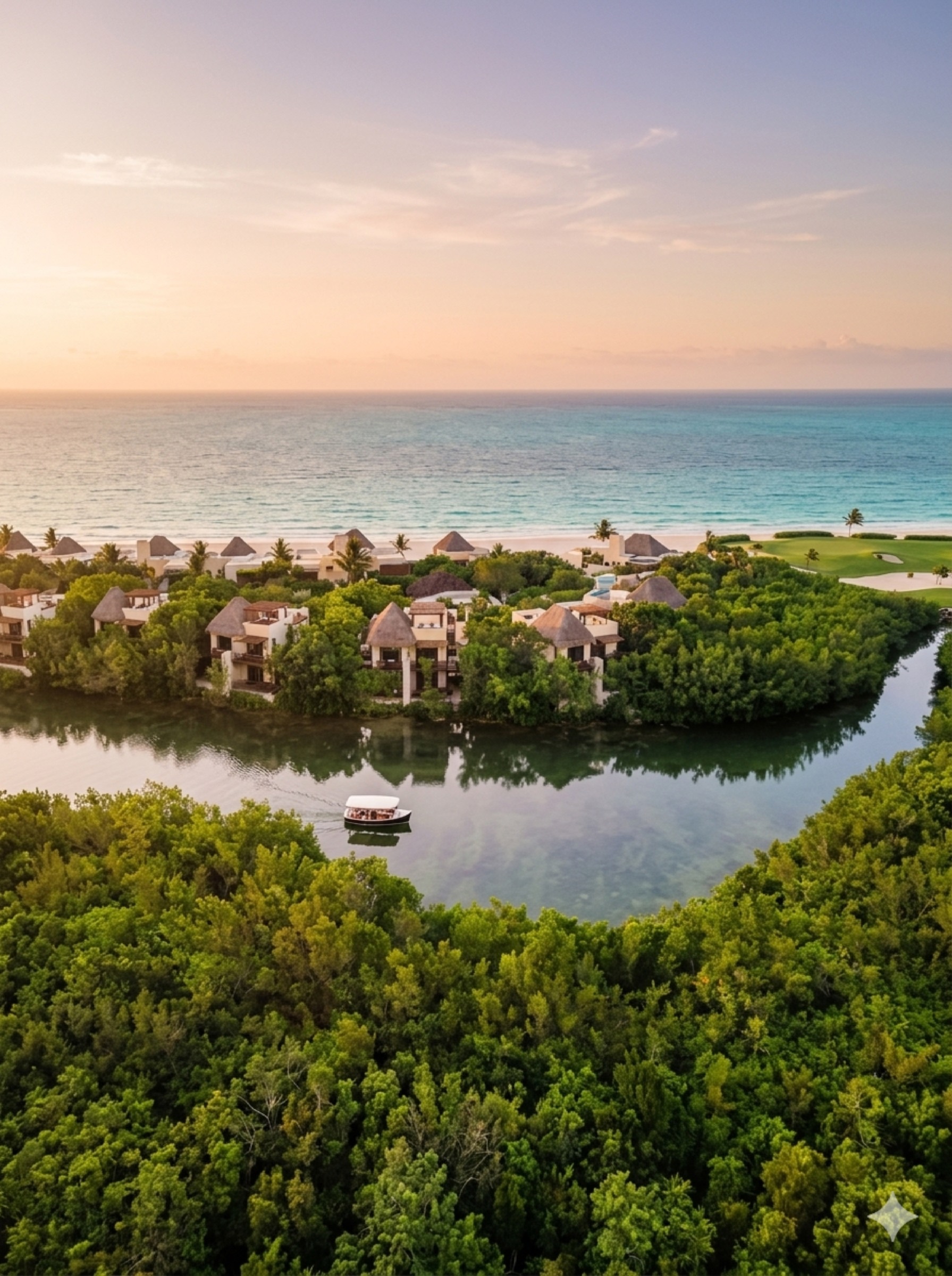 Riviera Maya — palapa villas along a jungle lagoon at golden hour