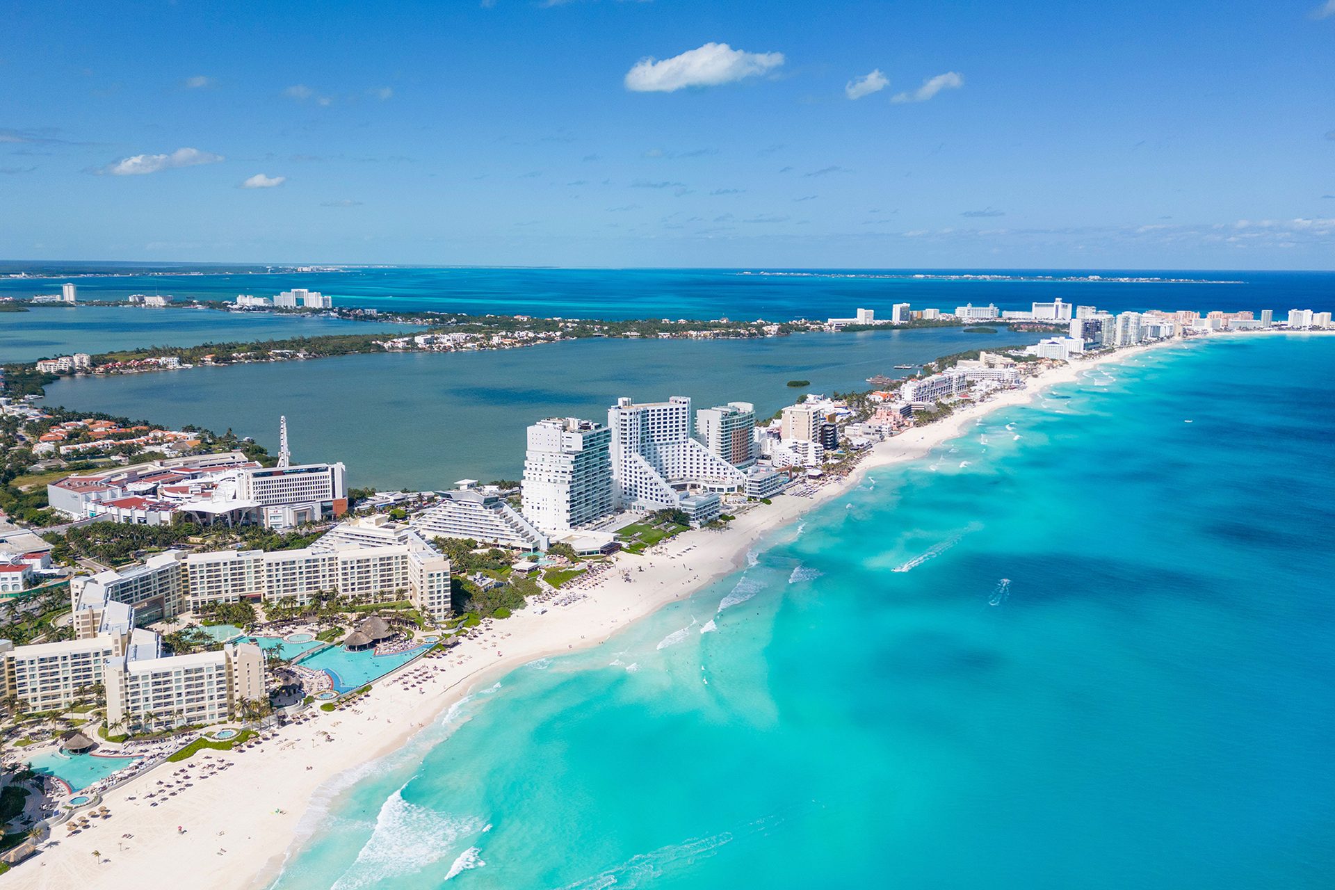Sunset over the Cancún lagoon with Isla Mujeres beyond