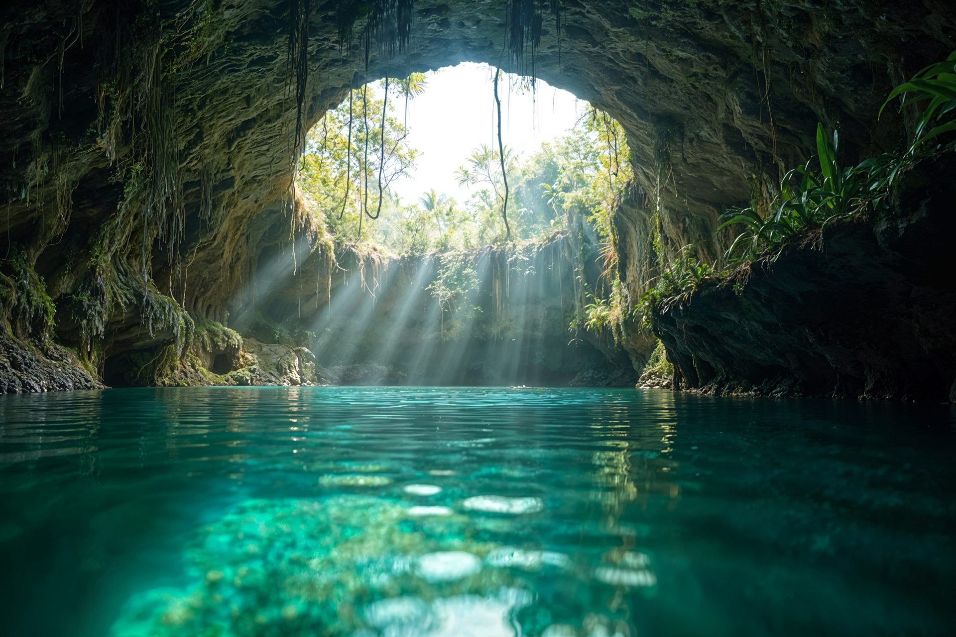 Filtered jungle light over a cenote in Tulum, Mexico